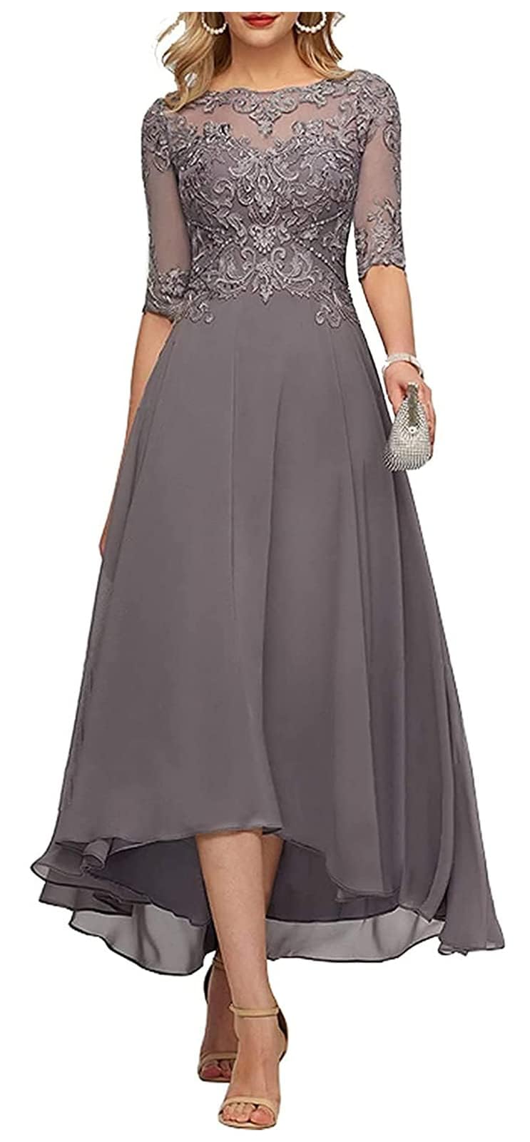 KURFACE Tea Length Mother of the Bride Dresses Lace Applique Chiffon A Line Wisteria Mother of Groom Dress with Sleeves for Wedding UK16