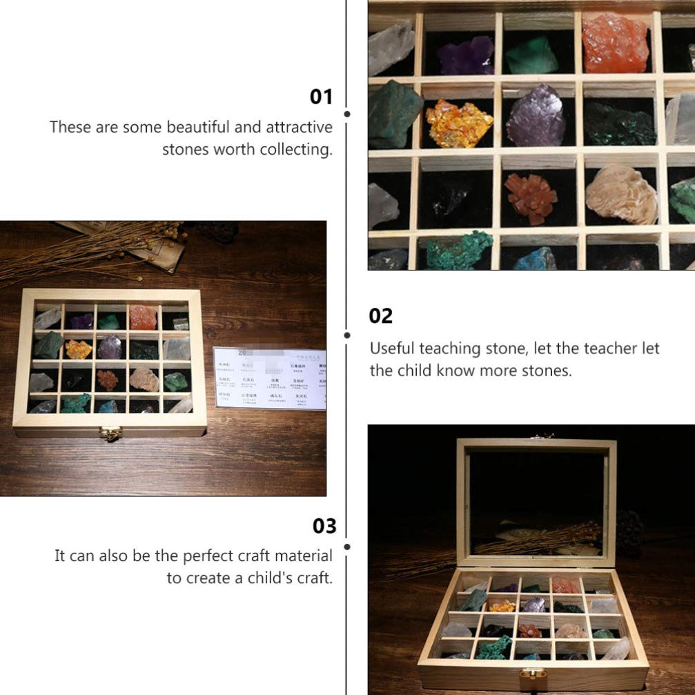 VILLCASE 20pezzi Cristalli di Minerali Naturali Pietre Naturali Campioni di Pietra Minerale per Creazioni di Gioielli e Istruzione Didattica Confezione in Scatola di Legno