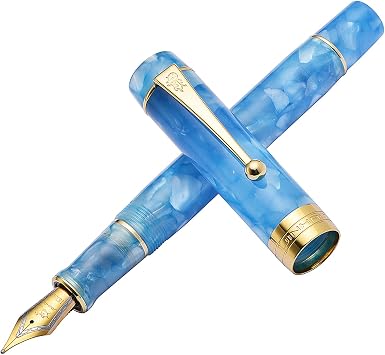 Jinhao 100 Sky Blue Centennial Resin Fountain Pen Gold Trim Iridium Medium Nib 0.7mm with Converter Business Office Gift Pen