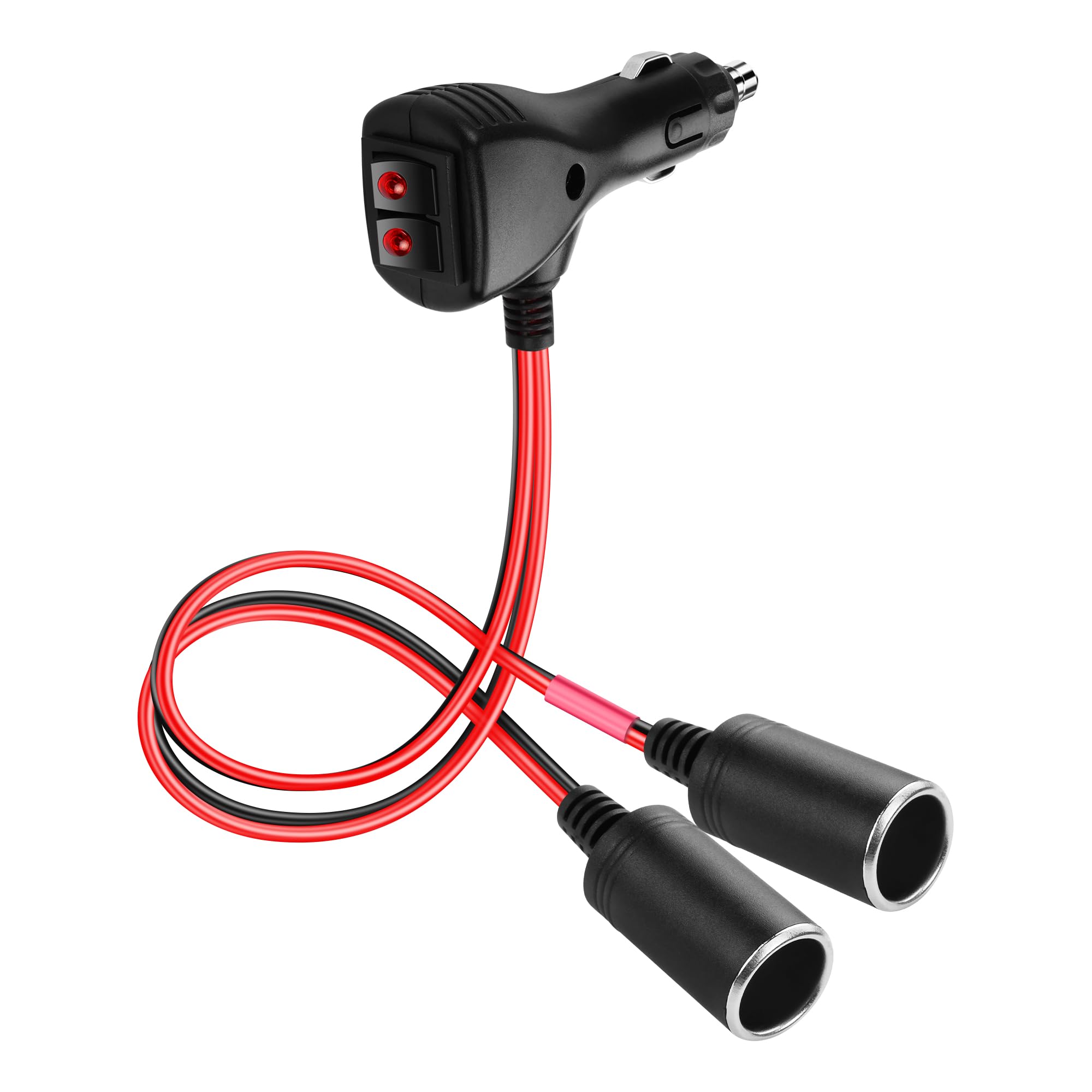 SinLoon Adapter rozdzielacza zapalniczki samochodowej 12 V z 2 niezależnymi przełącznikami, zapalniczka 16AWG, 1 gniazdo męskie na 2 żeńskie, rozdzielacz Y, kabel zasilający z bezpiecznikiem 15 A, 0,3