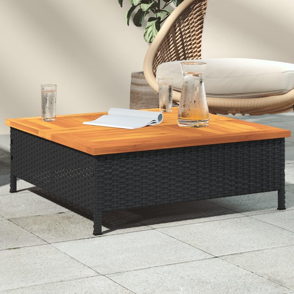 vidaXL Table de Jardin, Table Basse Carrée avec Trou, Meuble de Terrasse Balcon Patio Extérieur, Noir Résine Tressée et Bois Acacia