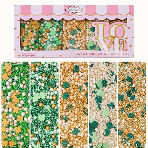 Confect Edible Sprinkles Mix Pack of 5 (5 oz) – Green, Gold & White Sprinkles for Baking – Cake, Cupcake & Cookie Decorations for St. Patrick’s Day, Birthdays & Celebrations | Vegan, Gluten-Free, Nut-Free, Soy-Free, Dairy-Free, Palm Oil-Free - 5 Oz