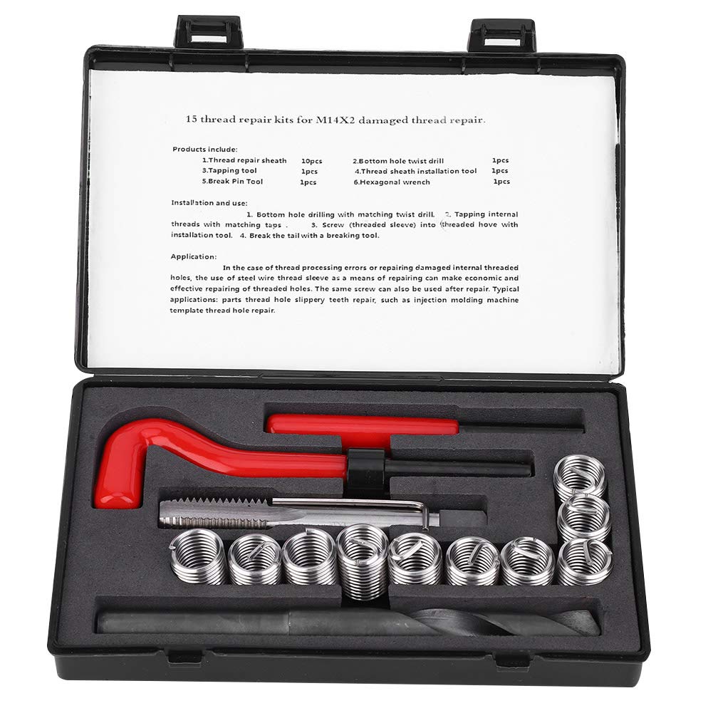 Samfoxy 15 pièces Samfox Kit de réparation de Filetage en Acier Inoxydable clé à perceuse torsadée Insert fileté pour Voiture M14x2