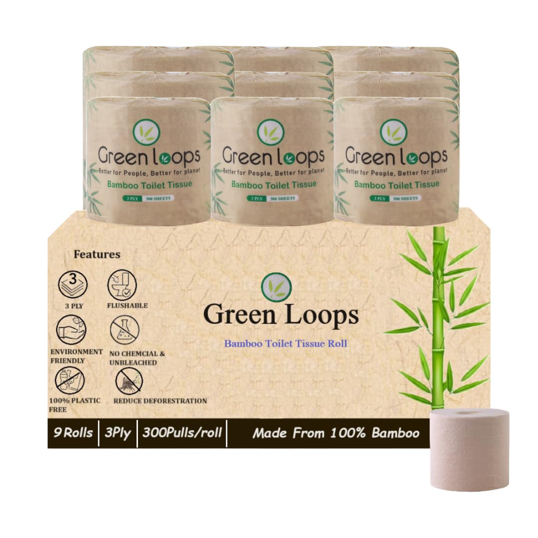 Green Loops Bamboo 3 Ply Toilet Tissue Paper Roll Pack of 9, 300Pulls/Roll, 100% Natural, Chemical Free, Unbleached, Septic Safe, Eco-Friendly Toilet Rolls (B0BWK6P1PM) Amazon Price History, Amazon Price Tracker