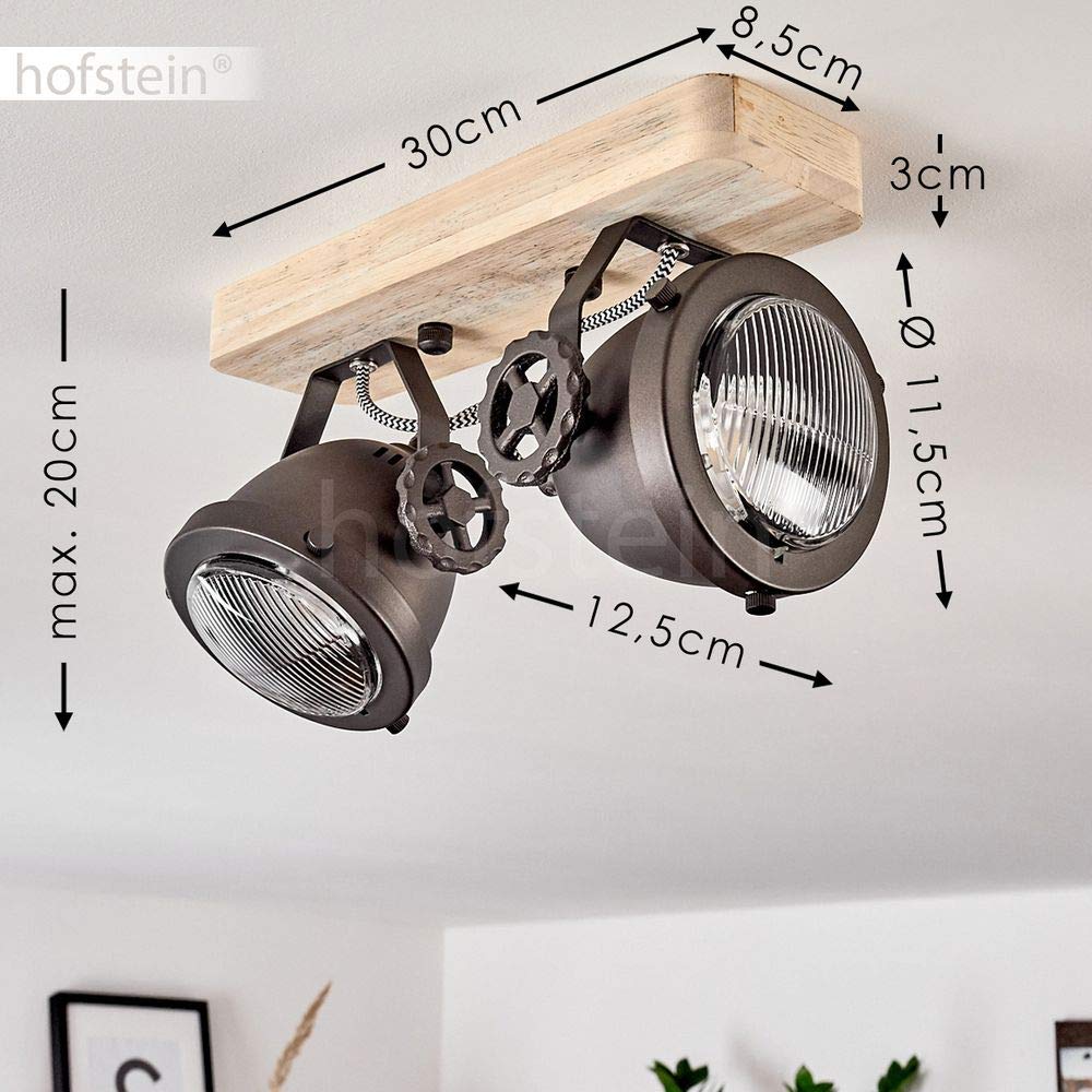 Plafonnier Herford en bois, verre & métal brun/noir, 2 spots de plafond retro-industriels pivotants, luminaire idéal dans un salon vintage, pour 2 ampoule GU10, ampoule(s) non incluse(s)