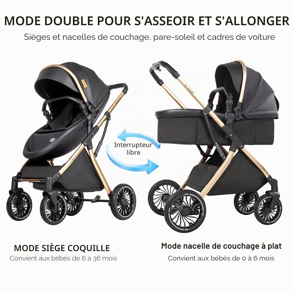 Poussette 3 en 1 pliable avec mode berceau et roues tout terrain | Dossier inclinable modulable, adapté aux nouveau-nés et tout-petits avec accessoires fournis,Noir