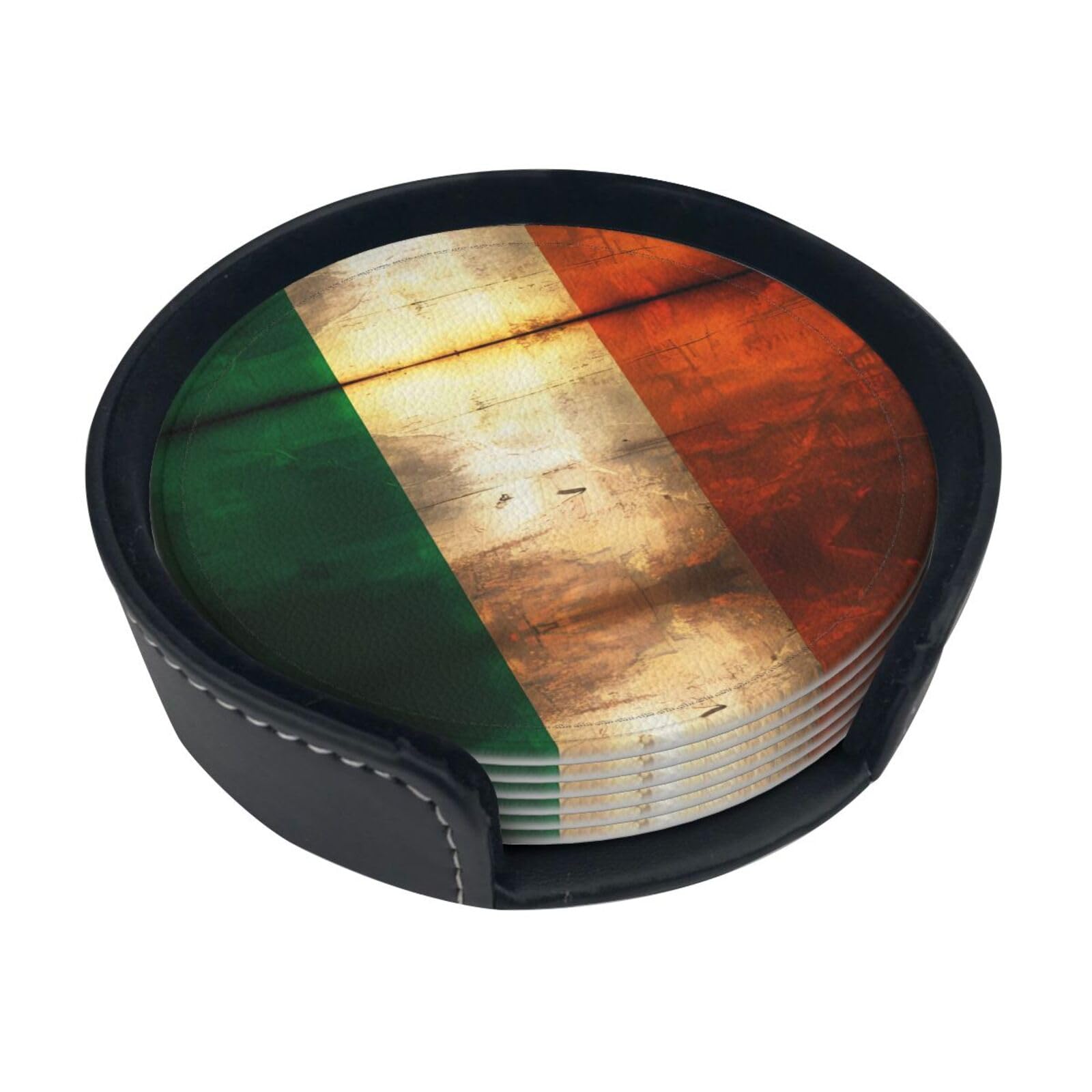 Retro Irish Flag Printed Coaster Set, with Holders, 6 Pieces. Suitable for Dining Tables, Kitchen Decor, and Coffee Tables.