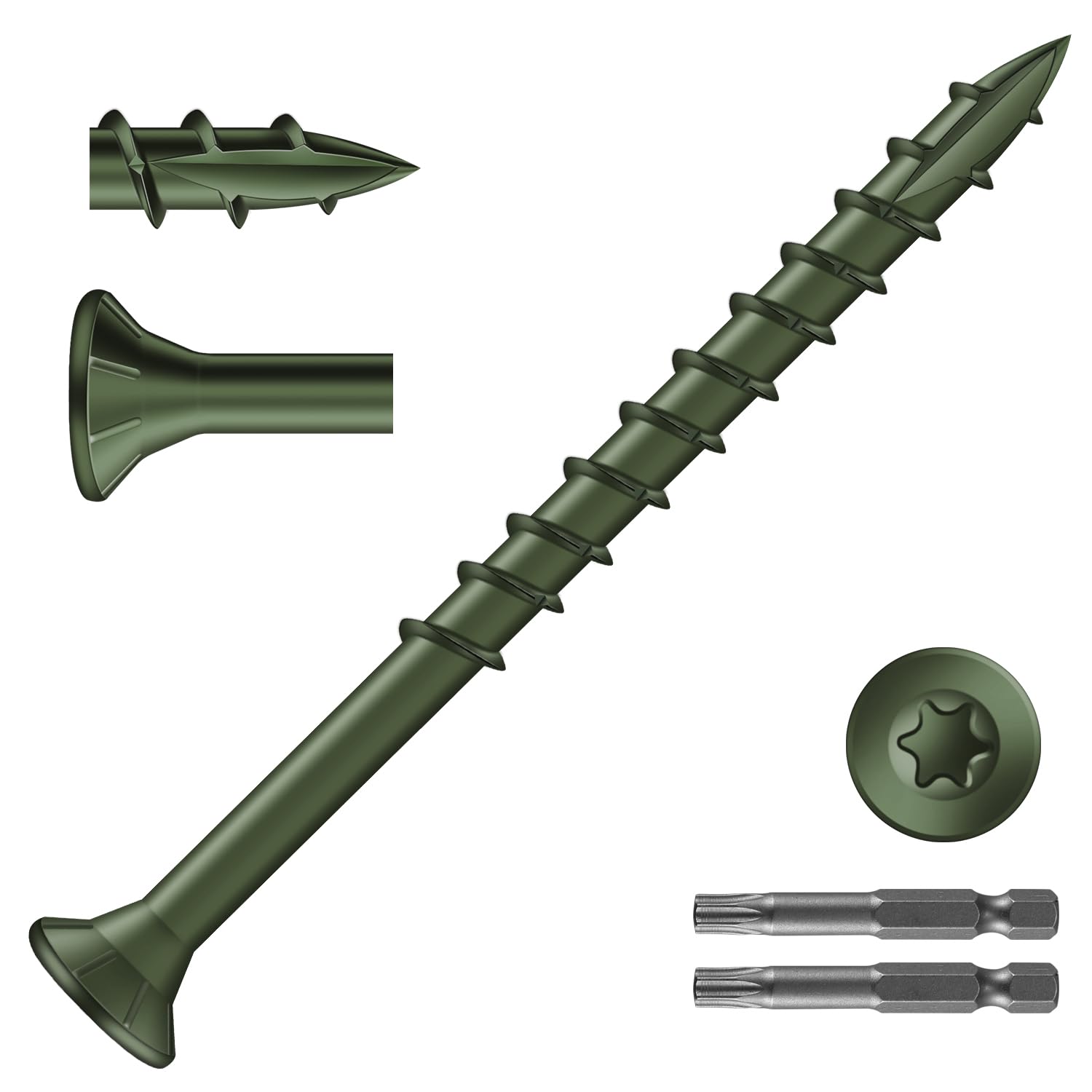 SG TZH #9 x 2-1/2" Deck Screws (558Pcs) 6lb. Exterior Wood Screws. Carbon Steel, Green, Flat Head, Rust Resistant epoxy Coated, with T25 Star Bit
