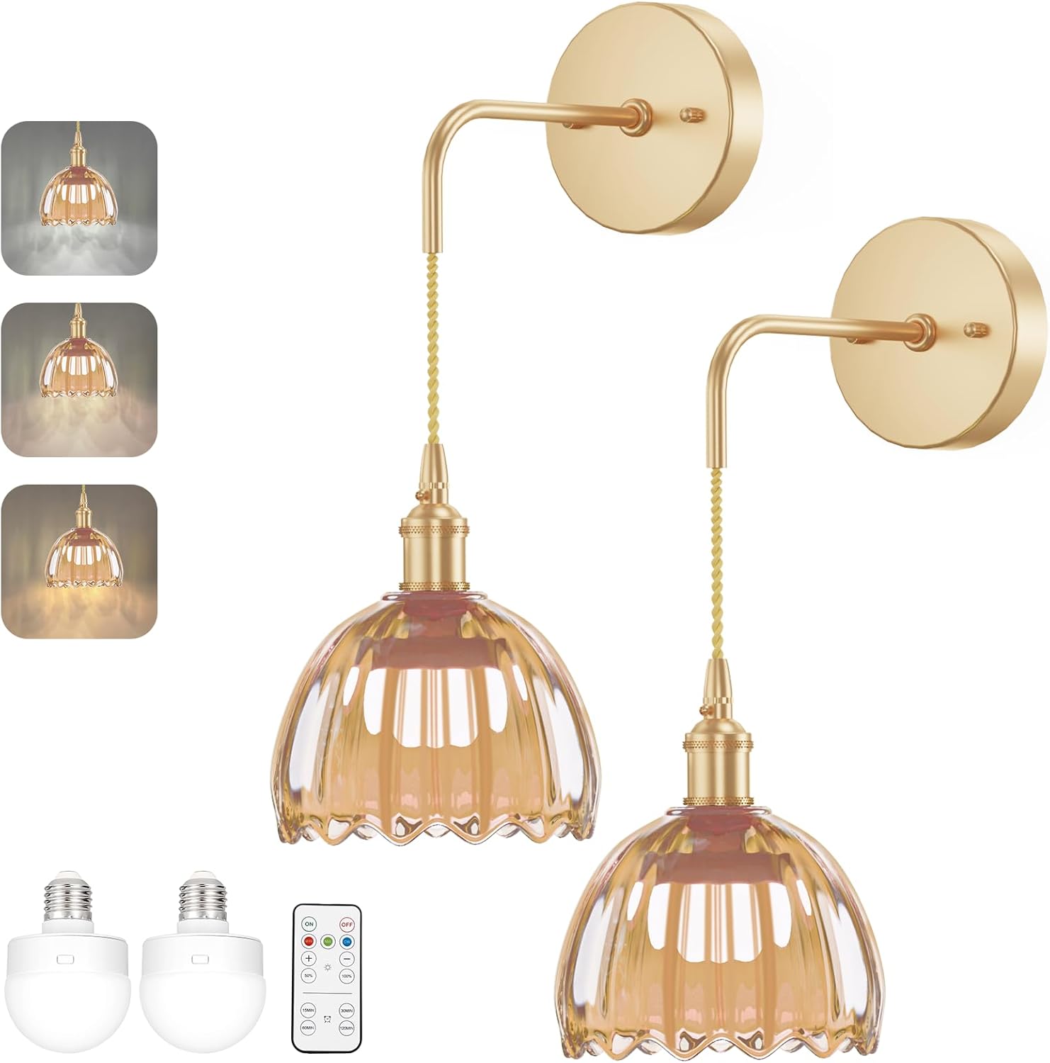 Battery Operated Wall Sconces CCT Dimmable Wireless Sconces Set of 2, Vintage Light Fixture with Amber Tulip Glass Lampshade Wall Decor Set of 2 for Living Room Bedroom Bedside Bathroom