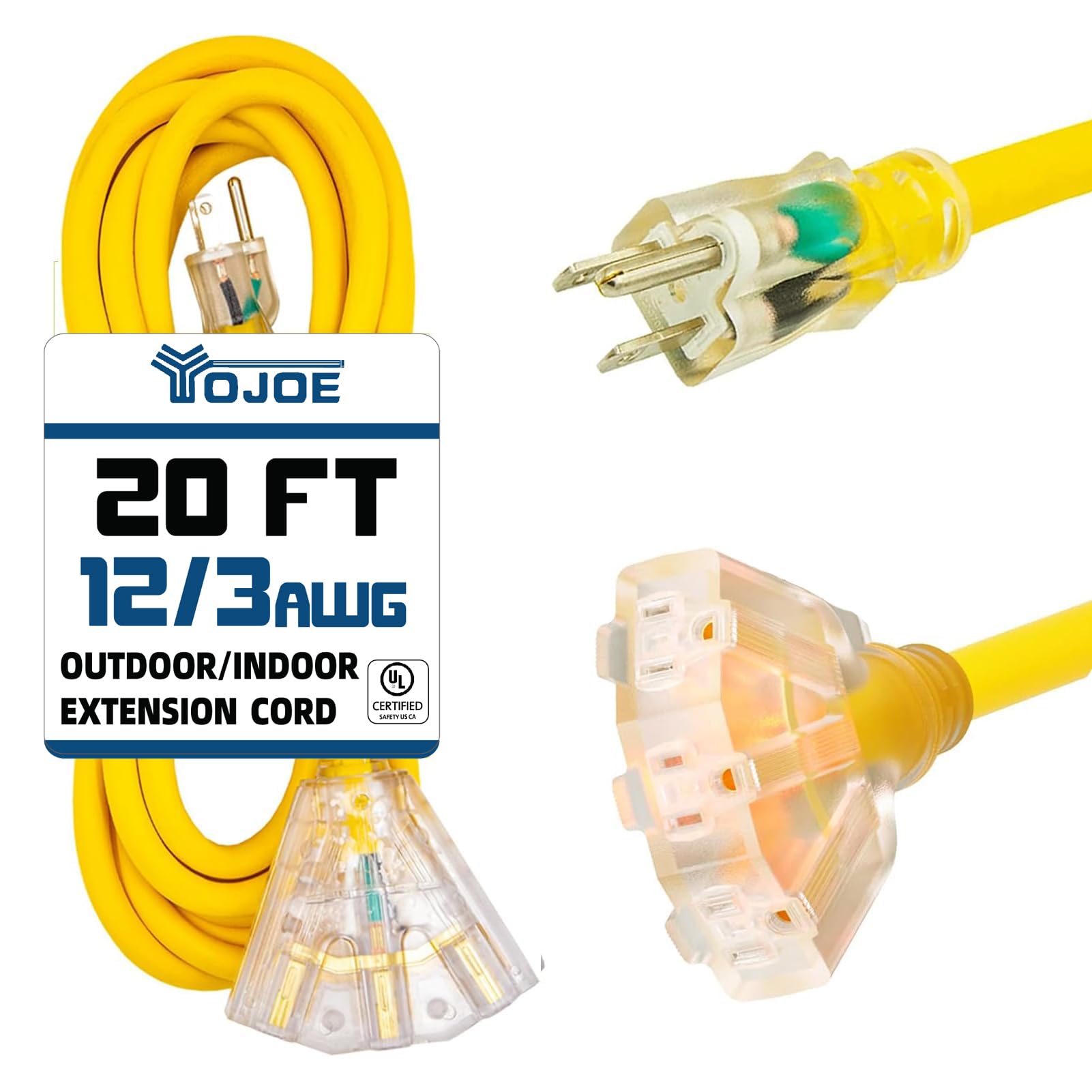YOJOE 20 Ft 3-Outlet Indoor Outdoor Extension Cord