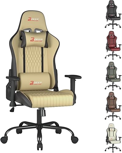 Silla de videojuegos ergonómica y cómoda silla de oficina para juegos, altura ajustable con una base giratoria de 360° y reposacabezas (1002-beige)
