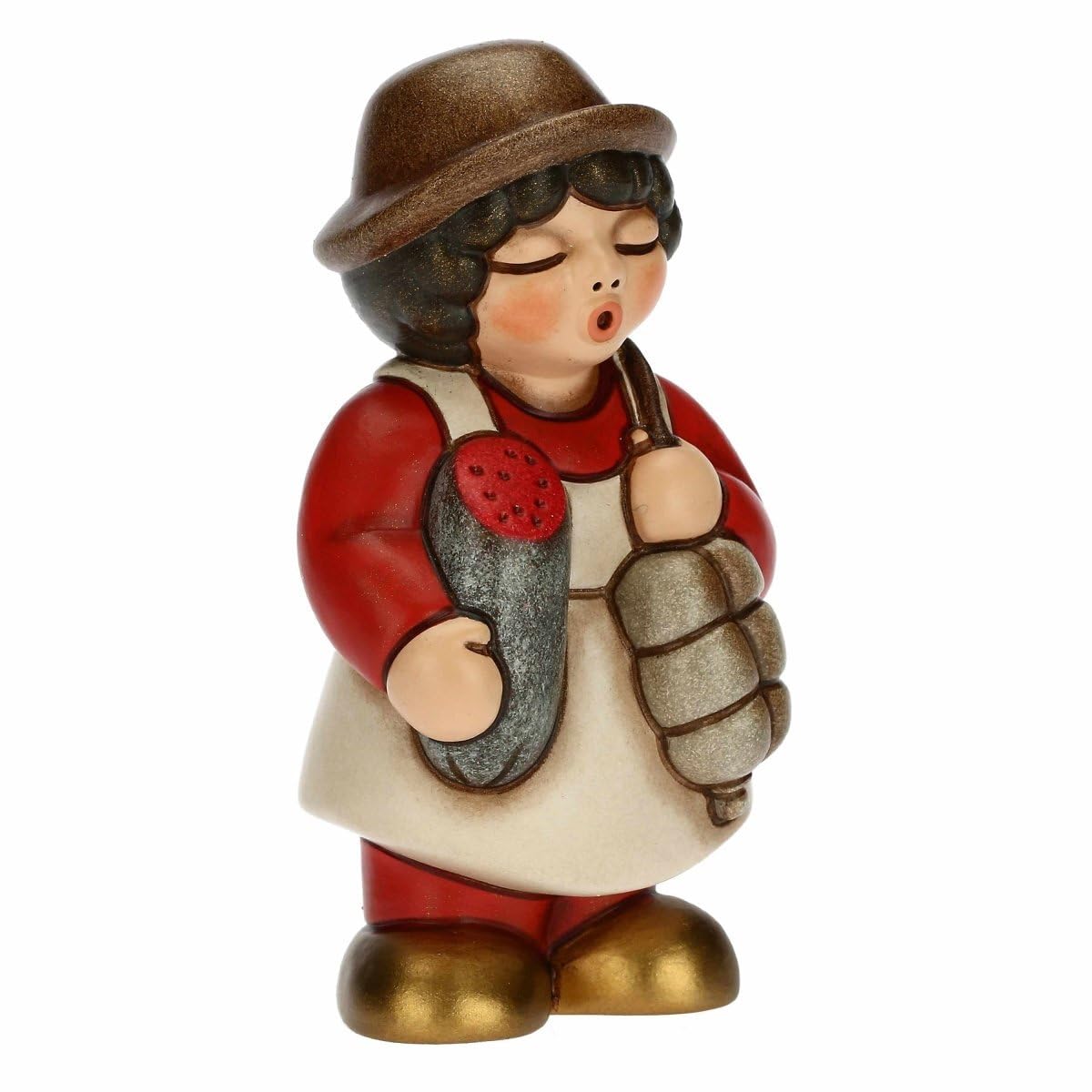 THUN - Presepe 2022 - Statuina Presepe Salumiere in Ceramica Decorata a Mano, Versione Vestito Marrone - Linea Presepe Classico - 4,3X4,5X8 cm h