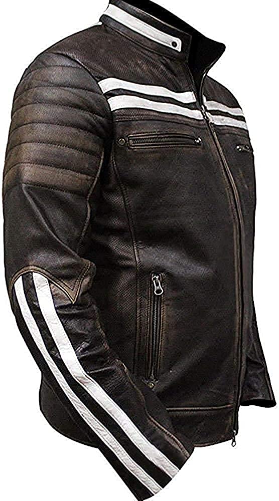 Veste de moto Cafe Racer vintage en cuir véritable vieilli vintage, pour homme, noir