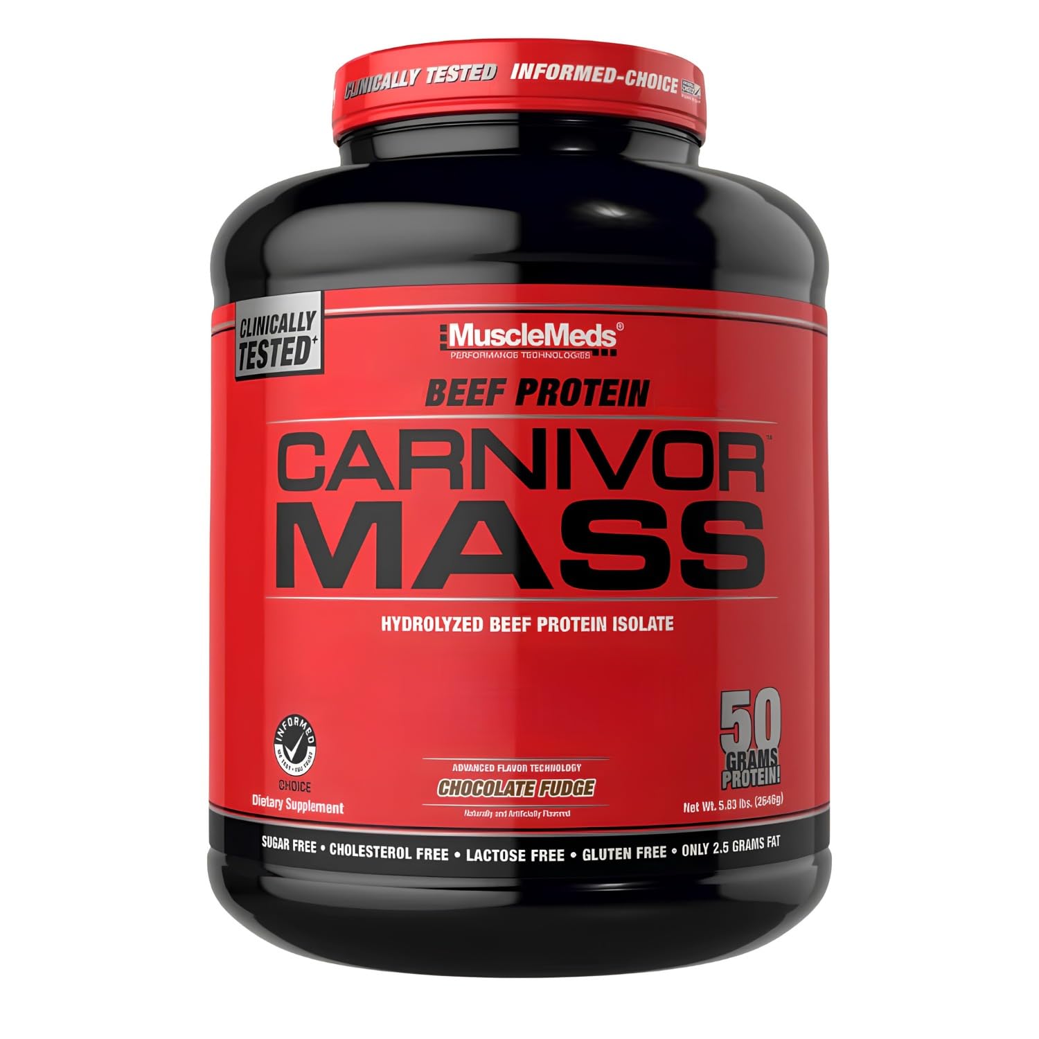 MuscleMeds Carnivor Mass Gainer Beef Protein Isolate Shake, 50 Grams Protein, 125 Grams Carbs, 0 Fat, 0 Sugar, Lactose Free, ChocolateFudge, 6 Pound