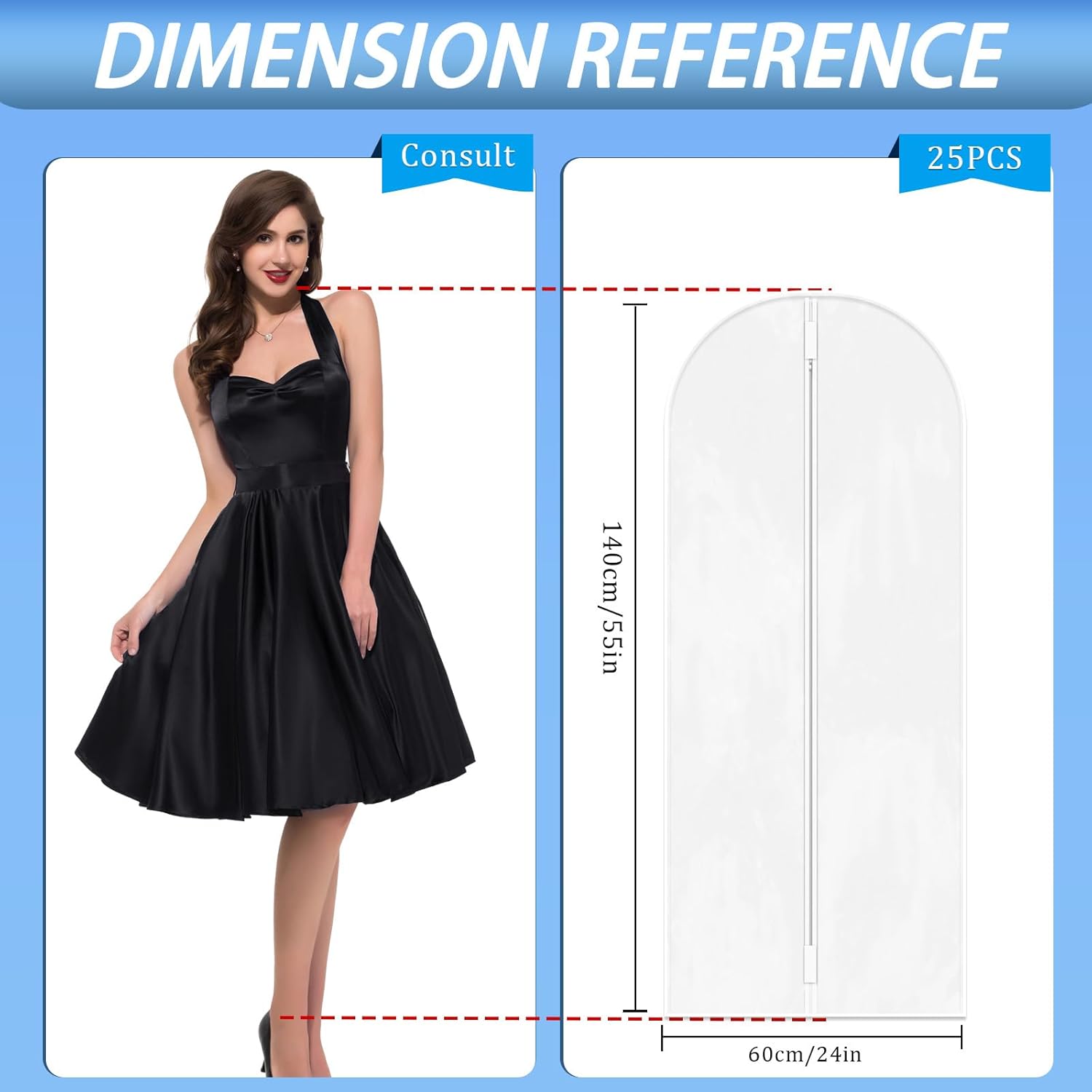 TORONTOKYO 25 Pack 55" Hanging Clear Plastic Garment Bags with Zipper Translucent Long Dress Bags Clothes Cover for Closet Storage and Travel - Image 2