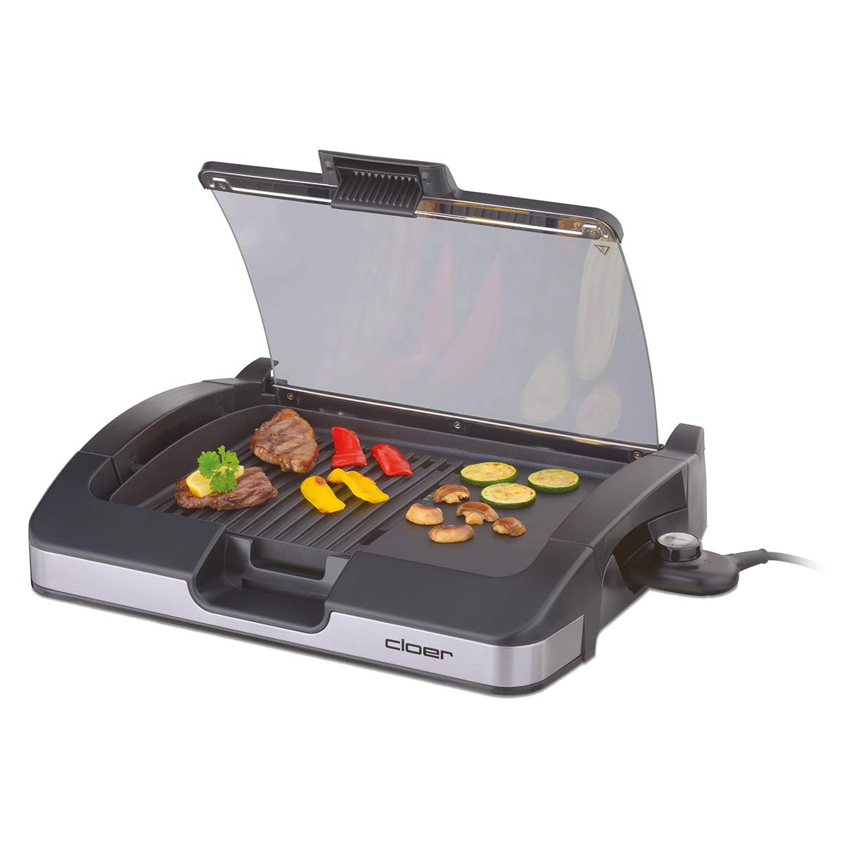 Cloer 6720 Parrilla de barbacoa con placa de parrilla de aluminio fundido a presión, revestimiento antiadherente, Tapa de cristal, 2200 vatios, Superficie de la parrilla: 29 cm x 39 cm