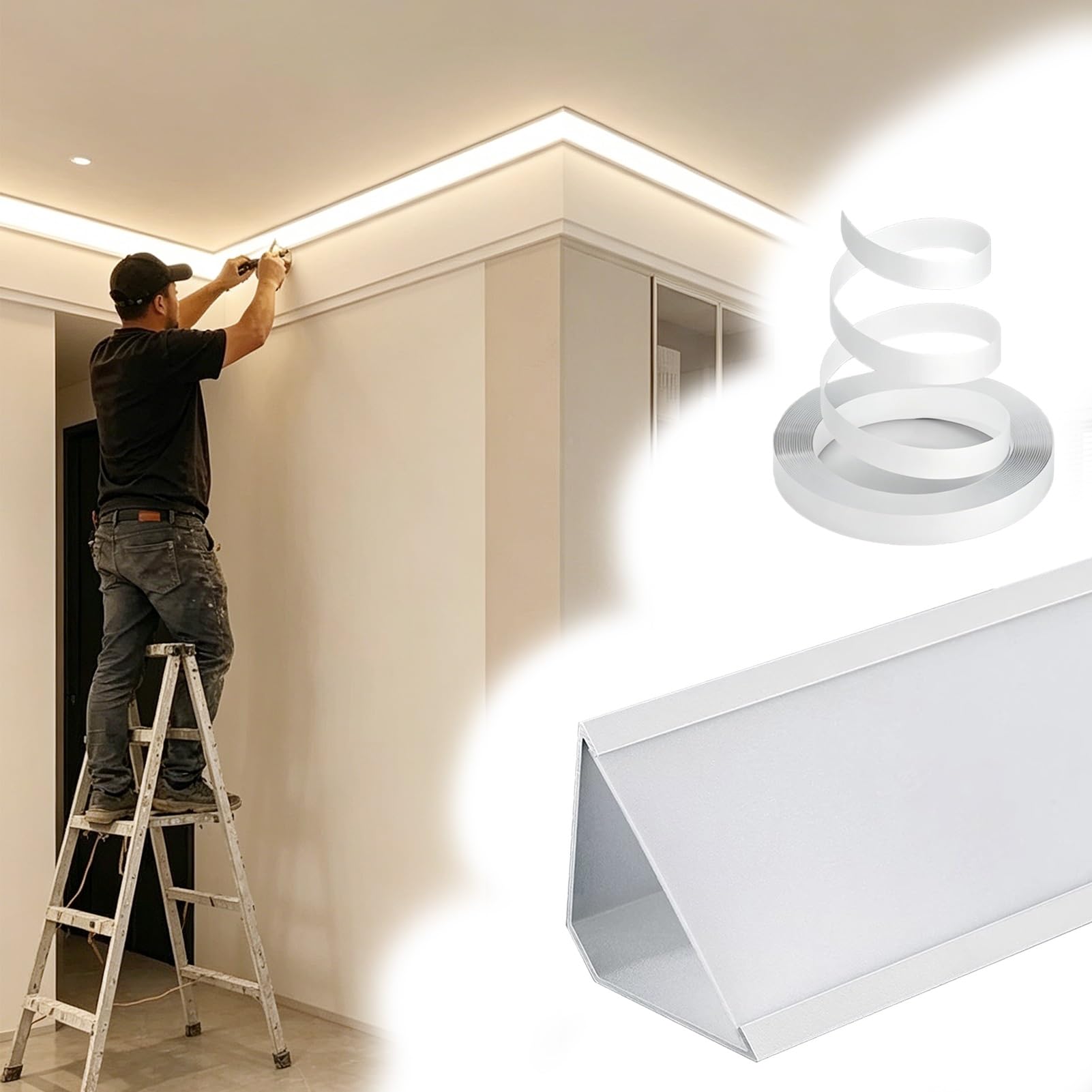 Vibeo Linear Crown Lighting Molding with Acrylic Diffuser Cover, Ceiling & Wall Decor LED Crown Moulding Trim, Long Indirect Lighting Aluminum Profile Indoor(White,3.0m(9.8ft))