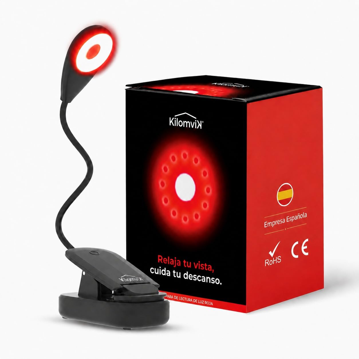 Lampara Luz Roja Nocturna Melatonina - 0% Luz Azul, Sin Flicker - Ideal para Dormir Bebe y Adultos - Lampara Lectura Noche con Pinza y Cuello Flexible 360° – Recargable USB, 3 Intensidades