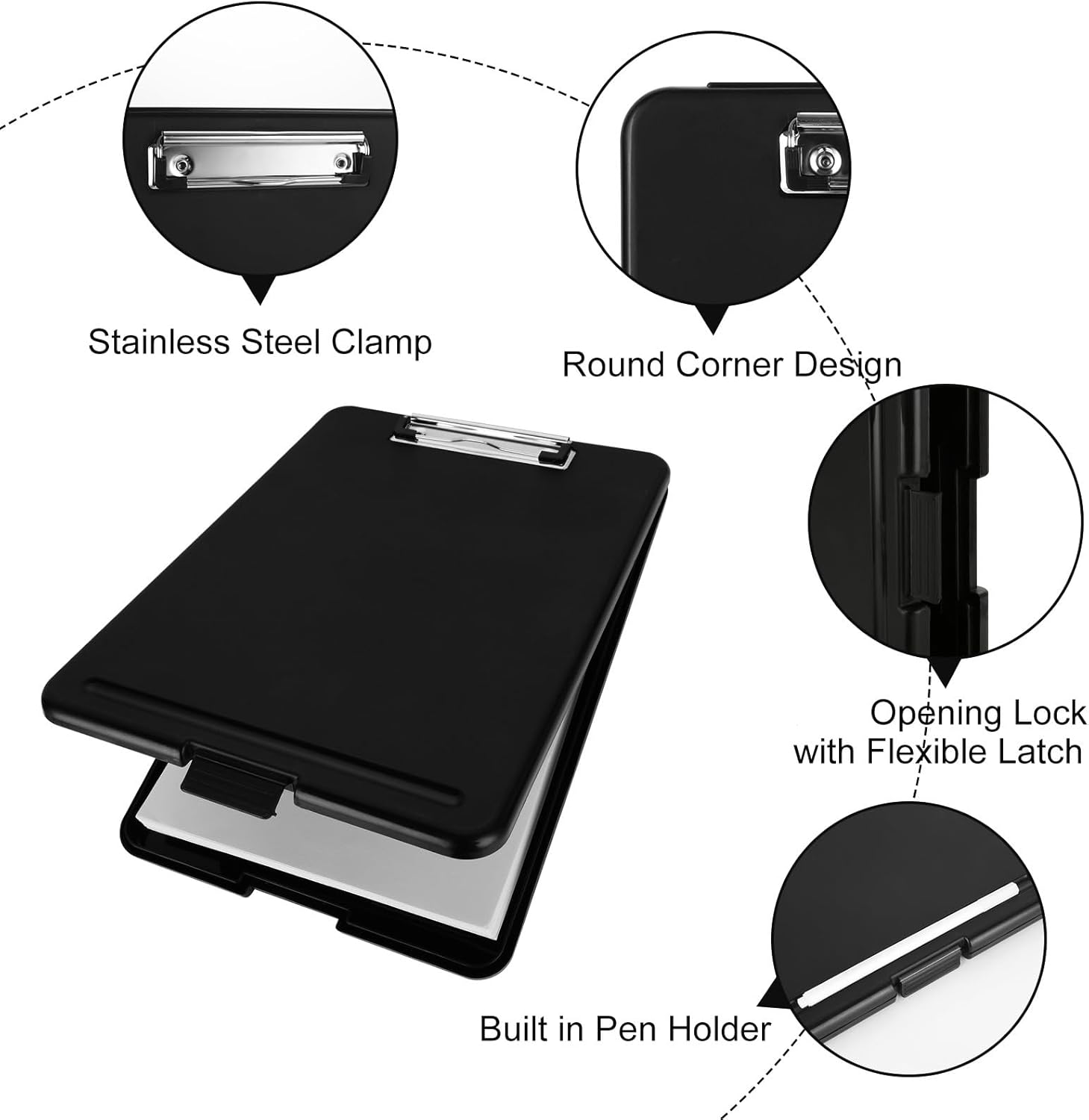 6PCS Black Clipboard with Storage, 8.5x11 Plastic Clip Boards with Storage Nursing Clipboard Case with Pen Holder Low Profile Clip Clipboards Binder Folder for Teachers Work School Office