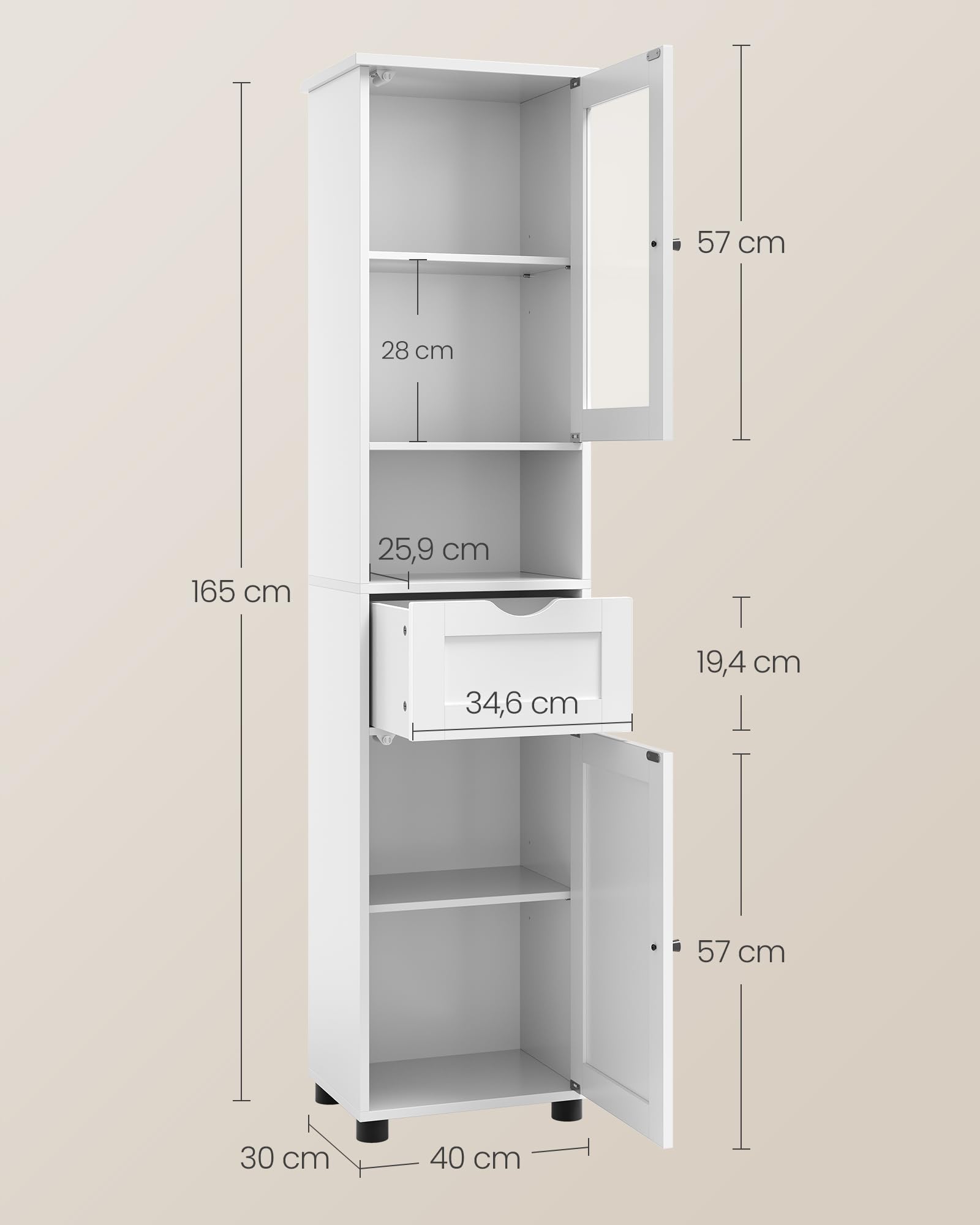 Badkamermeubel, Hoge Kast, Open Vak, Glazen Deur, Smal