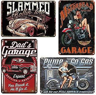 QUMENEY 4PCS Vintage Metal Tin Wall Sign Plague Poster, Retro Car and Girl Pattern Wall Decor Art Tin Sign for Cafe Bar Pub Beer (30x20CM/11.8x7.9in)