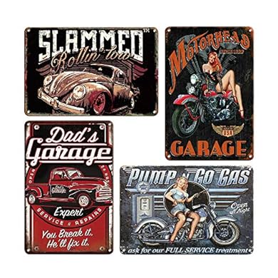 Foto di QUMENEY 4 cartelli da parete in metallo vintage, poster della peste, motivo auto e ragazza, decorazione artistica da parete per bar, pub, birra (30 x 20 cm)