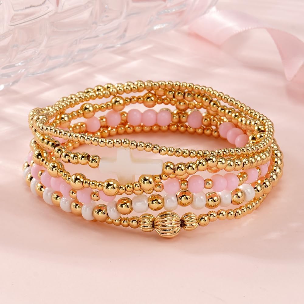 Gold Beaded Bracelets Stack for Women Valentines Day Gifts for Her Stackable 14K Gold Plated Beads Ball Cross Bracelet Boho Christian Jewelry Faith Friendship Birthday Gifts for Women - Image 6