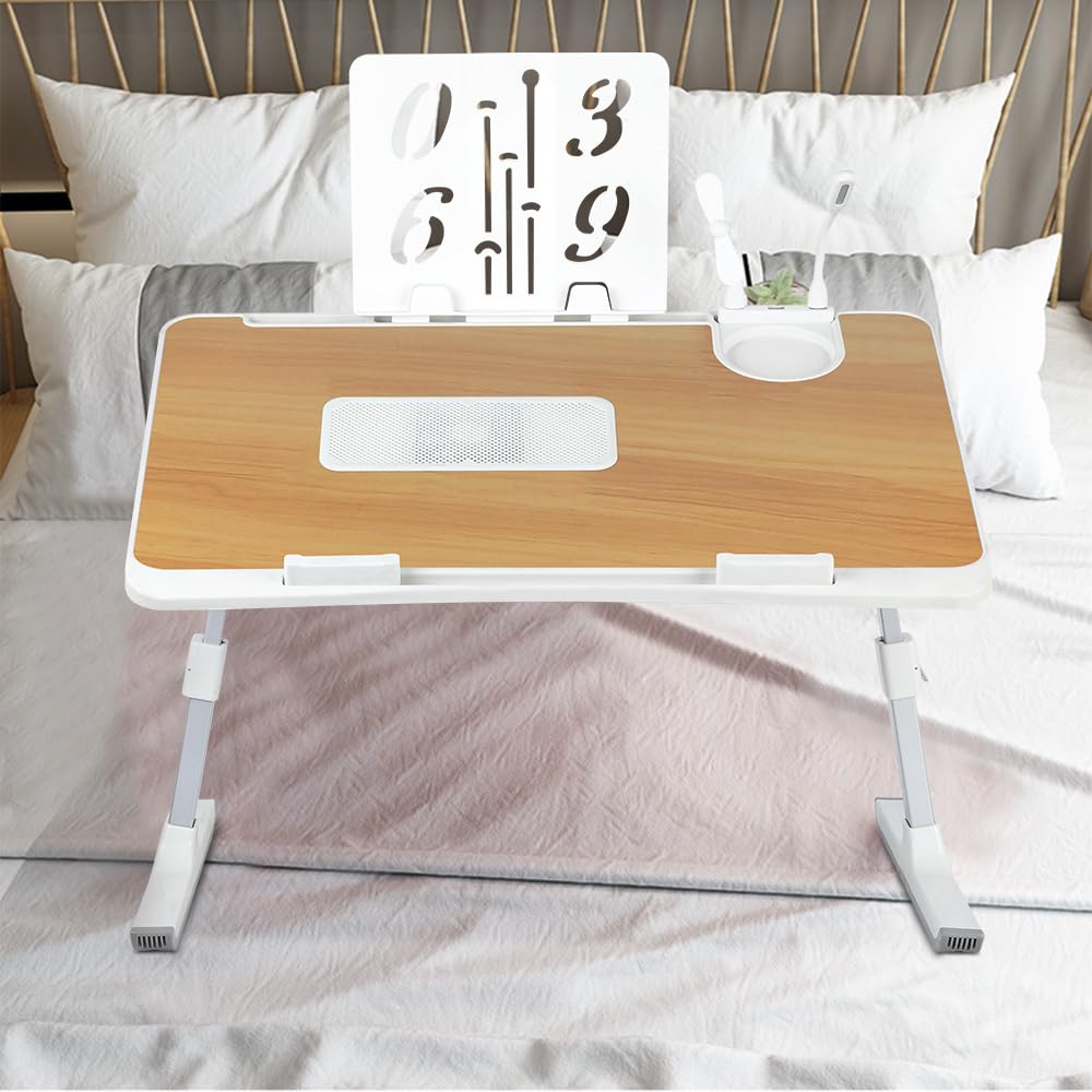 Tavolo da letto per computer portatile, supporto per computer regolabile in altezza e angolo, piano letto con cassetti e porte USB, ventilazione, pieghevole, reclinabile (60 x 40 x 40 cm, porta libro)