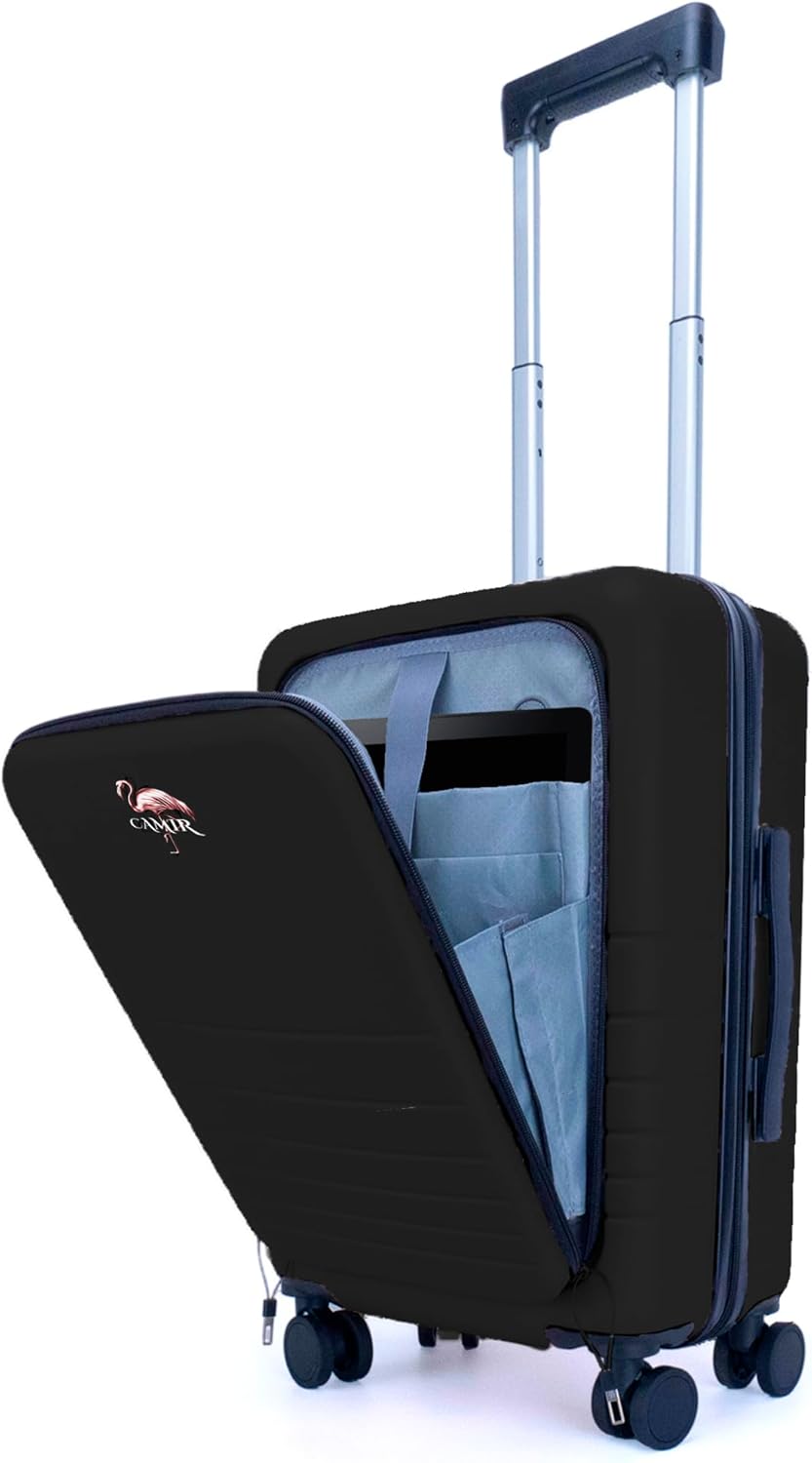 CAMIR-Travel Suitcase Cabin with USB-Smart Suitcase Trolley Cabin Multi-Function Suitcase with Front Pocket Portable Hand Luggage 4 Wheels TSA-Suitcase Cabin 55 x 35 x 23.5 ABS+PC, Black