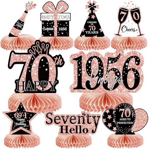 Image of 9Pcs 70th Birthday Decorations Honeycomb Centerpieces for Women, Rose Gold Pink Happy 70th Birthday Centerpieces Tables Toppers Party Decorations Supplies, Vintage 1956 Aged Table Sign Decor