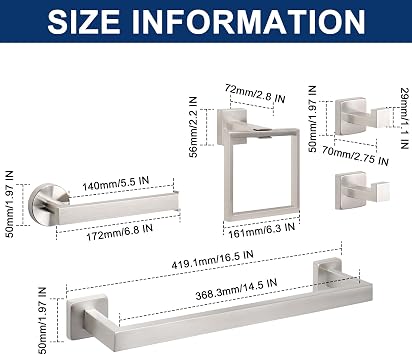 NearMoon 5 Pieces Bathroom Hardware Set 304 Stainless Steel - Square Towel Rack Set Include 16 Towel Rod + Towel Ring + Toilet Paper Holder + 2 Robe Towel Hooks Bathroom Accessories (Brushed Nickel)