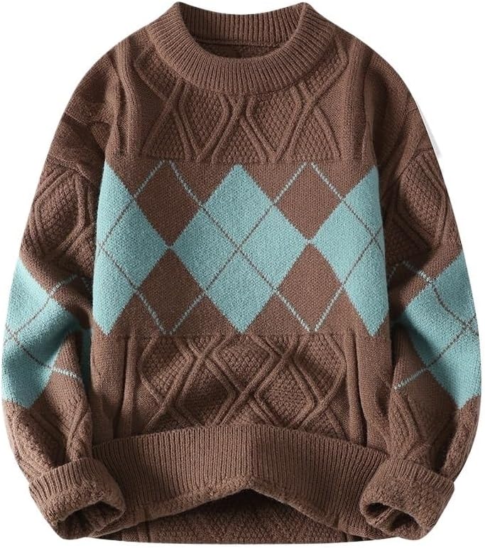 Men's Plaid Pattern Color Blocking Round Neck Sweater Plus Size Knitted Sweaters