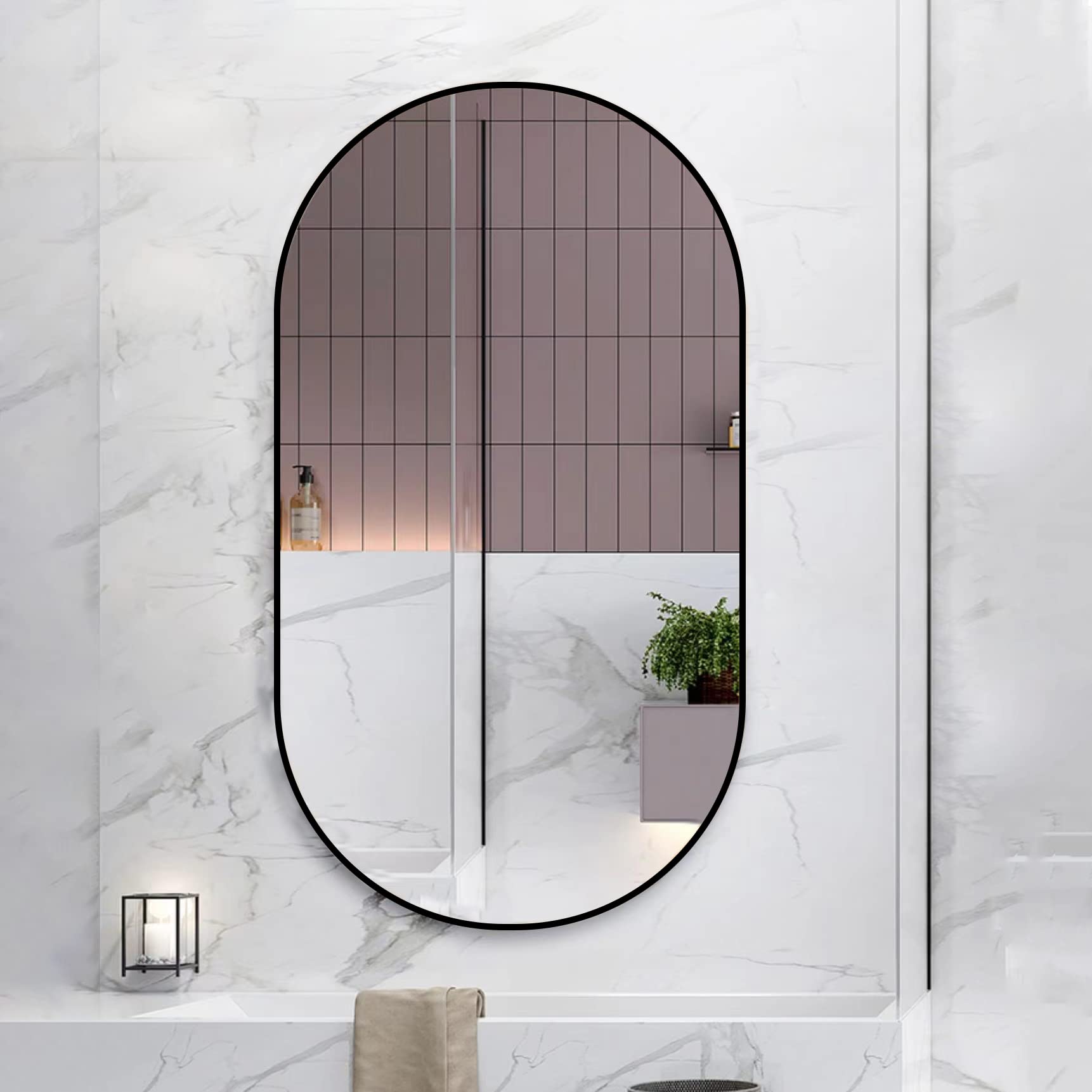 36 × 18 Inch Medium Matte Oval Mirror Wall Bathroom Mounted Mirror, for Dining Room or Living Room - Black