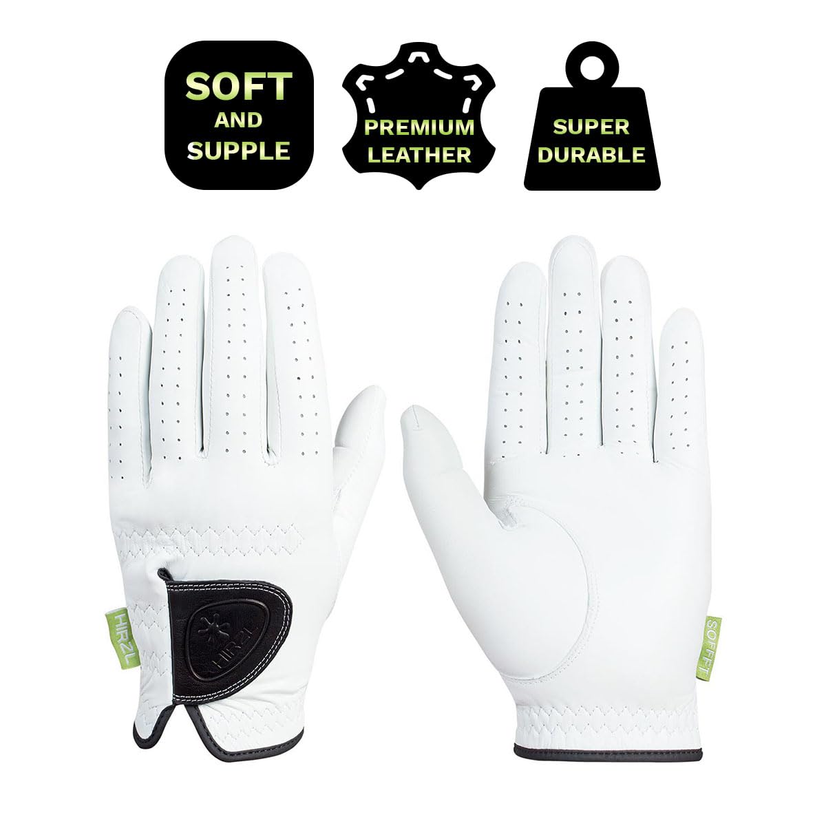 HIRZL Ladies Golf Gloves - Soffft Pure, Tour Performance, Cabretta Leather, Extra Thin, Velvet & Silk Feel, Soft & Supple, Sweat Resistance, Water Absorption, White, Left Hand, Large