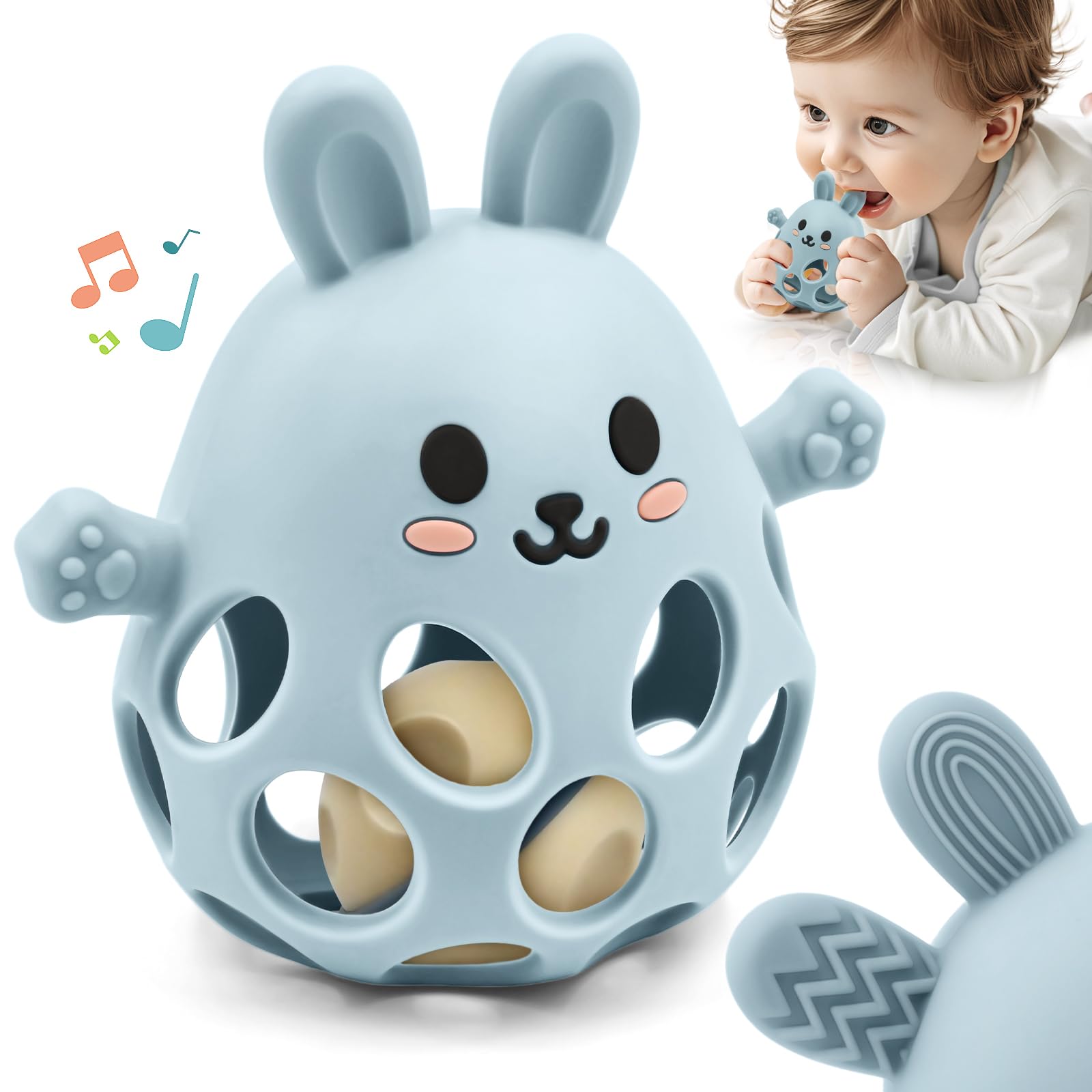 Sensorik Beißring Spielzeug mit Rassel für Baby, Silikon Beißspielzeug für Autistische Kinder, Zahnungshilfe Spielzeug Neugeborene 3 6 9 12 18 Monate Jungen Mädchen Hasen Ostern Geschenke, Blau