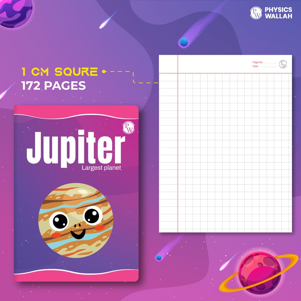 PW Physics Wallah - Cuaderno infantil de 172 páginas, 10 mm, caja de 6 unidades, diseño de Júpiter