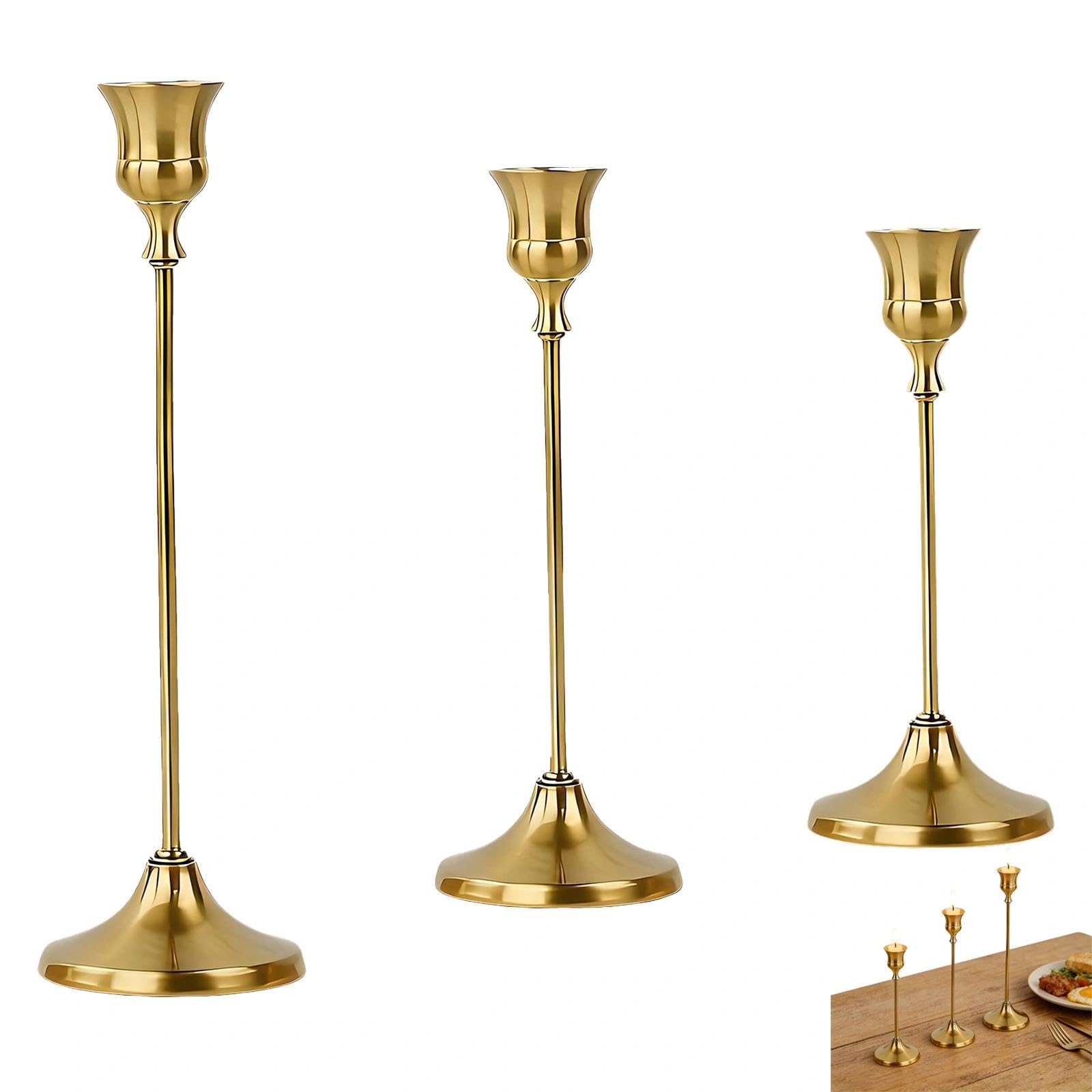 Brass Candle Stick Holders 3 pcs, Metal Candle with Heavy Weighted Base for Stability, Vintage Modern-Style Candlestick for Wedding, Table Decor and Home