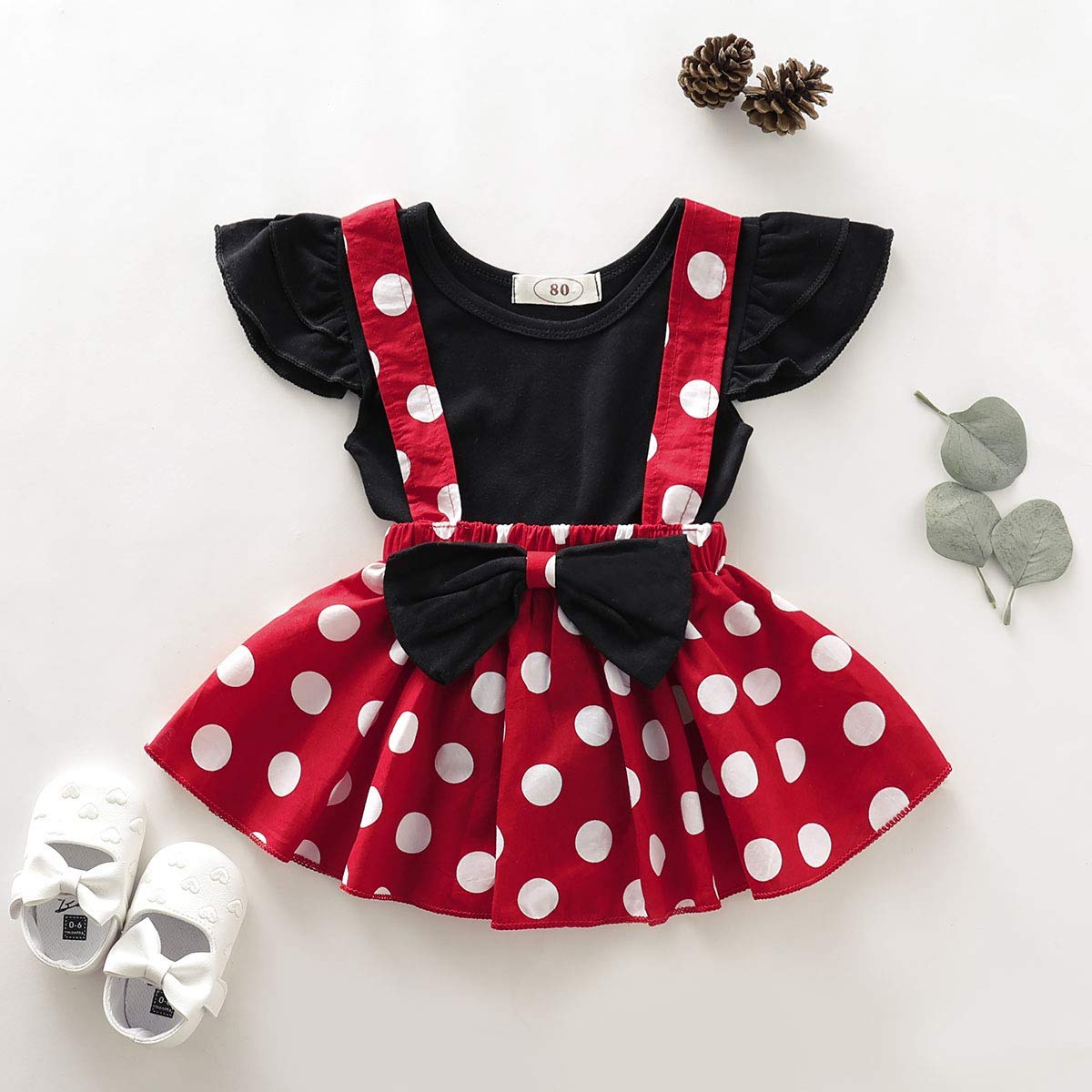 Baby Girls 1st Birthday Cake Smash Outfit Short Sleeve Romper+Polka Dots Suspender Tutu Skirt+Headband 12-18M