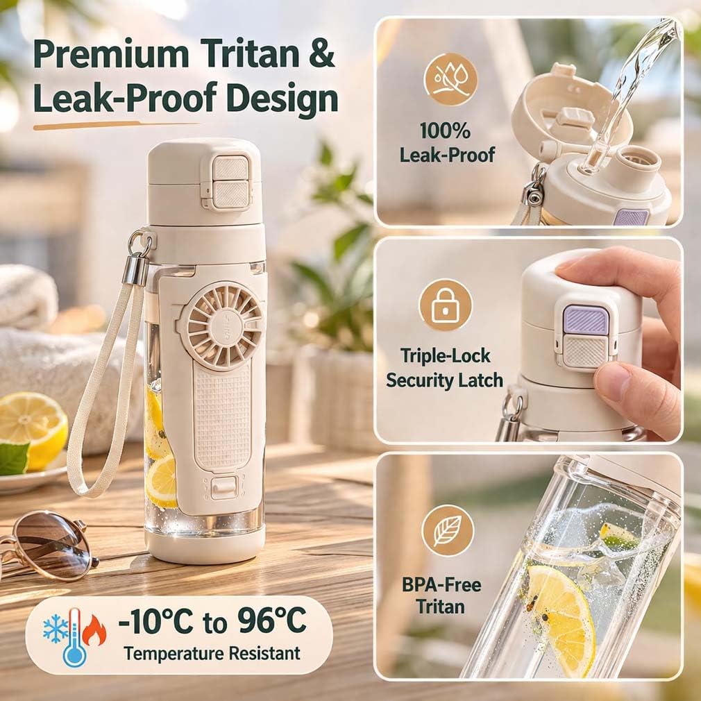 2-in-1 Water Bottle with Built-in Foldable Fan,Tragbare Doppel-Trinkflasche Kühlfunktion Wasserflasche mit Ventilator 3 Geschwindigkeitsstufen,Tragbarer Ventilator Trinkflasche für Reisen (Weiß)