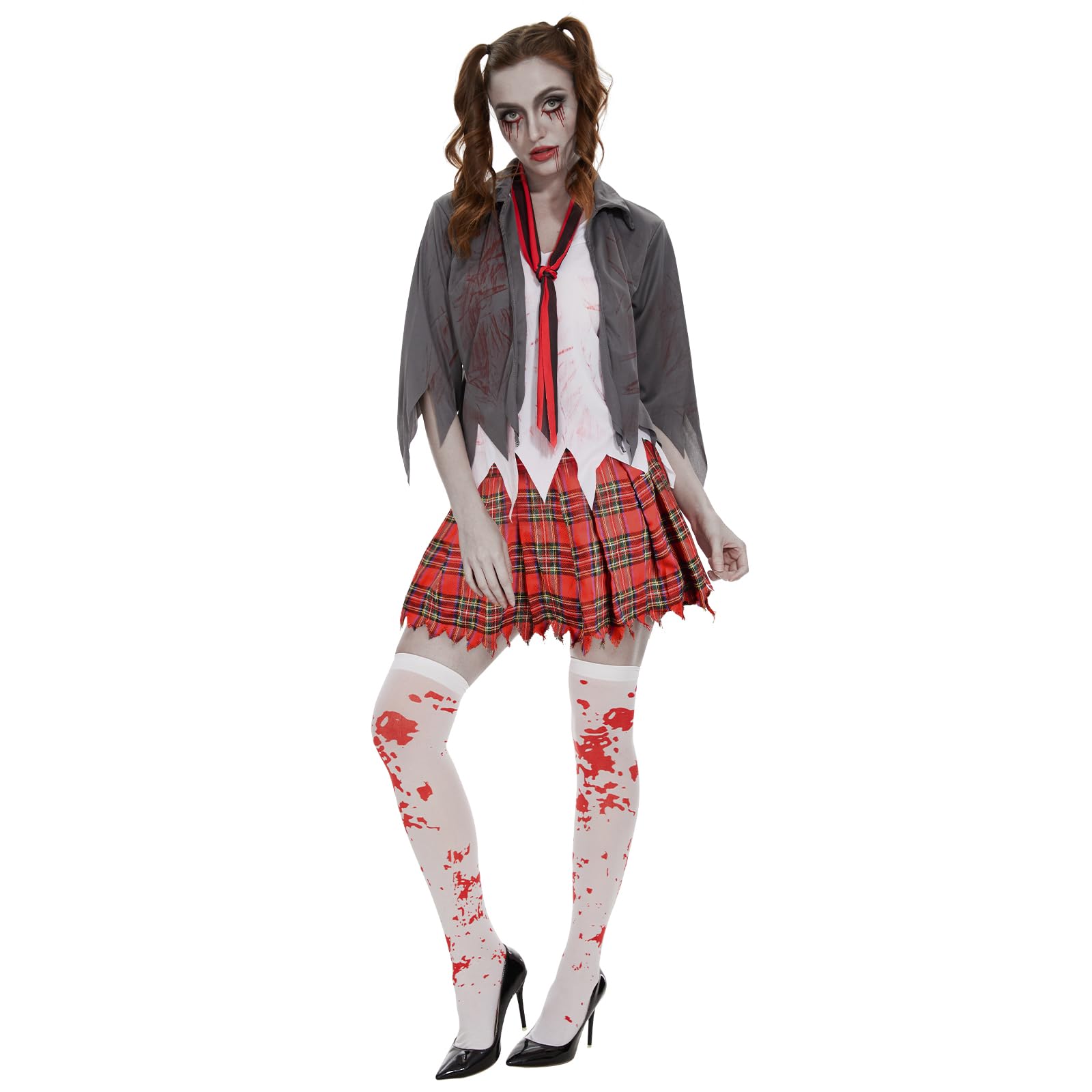 Ulikey Costume Ecolière Zombie, Halloween Costume Sanglant Ecolière, Gris Veste Cchemise, Jupe, Cravate, Chaussettes, Sang Zombie Deguisement Halloween Fille pour School Halloween Event Party Dress
