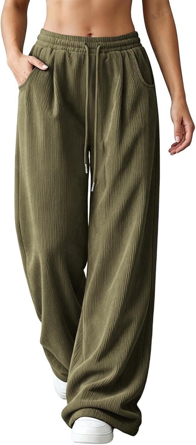 Corduroy Pants Women Wide Leg High Waisted Drawstring Baggy Pants