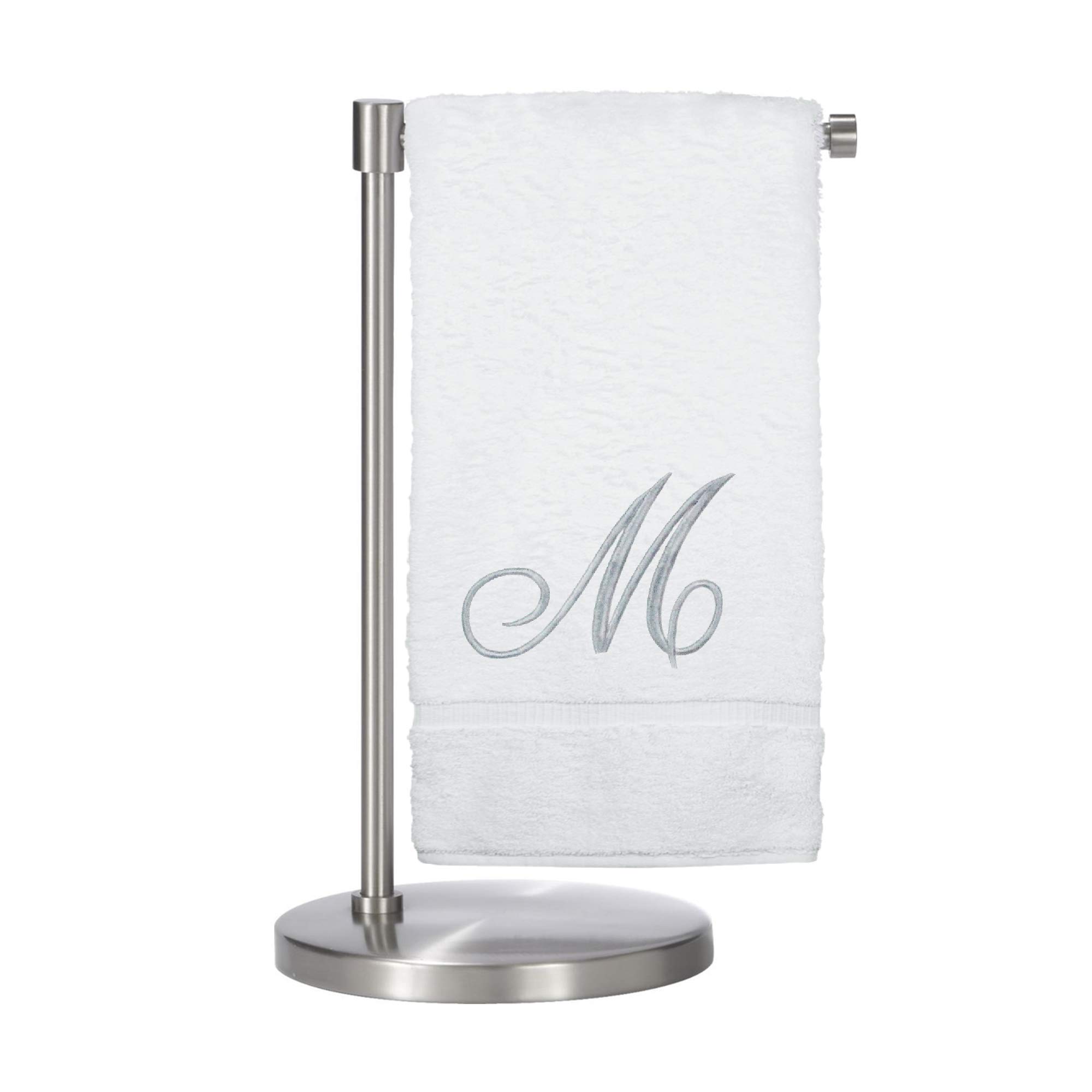 BC BARE COTTON, Cotton, White & Silver, Bath Towel-Script Initial M-Set of 2