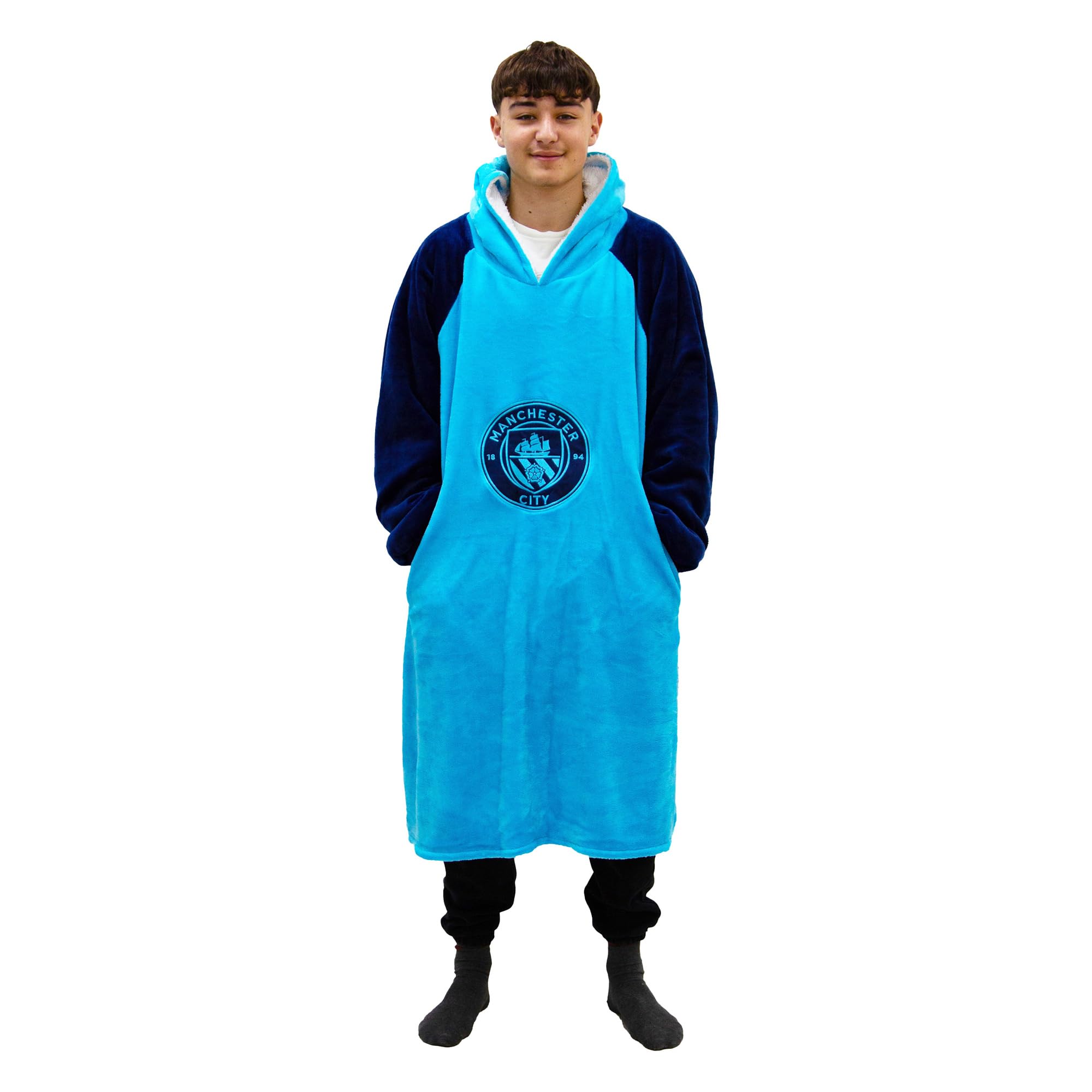 MANCHESTER CITY FC Oversized Wearable Hooded Fleece Super Warm and Cosy Premium Sherpa Lined, Manchester City Design