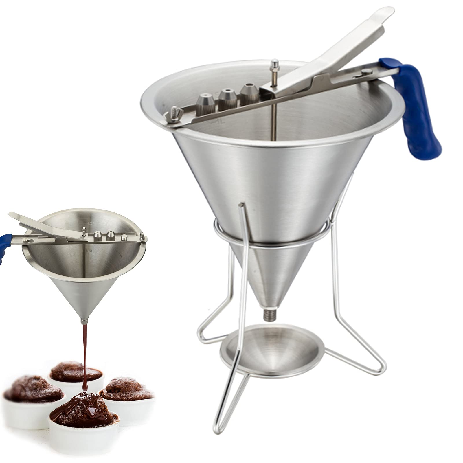 Embudo de repostería de Grado Comercial, Embudo de pistón de Acero Inoxidable con Soporte y Tres boquillas, Embudo Profesional para decoración de Pasteles.