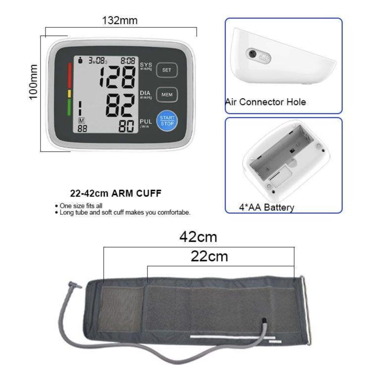 Ciśnieniomierz na ramię – monitor ciśnienia krwi i tętna – duży wyświetlacz LCD – opaska na ramię 22 – 42 cm – do użytku domowego