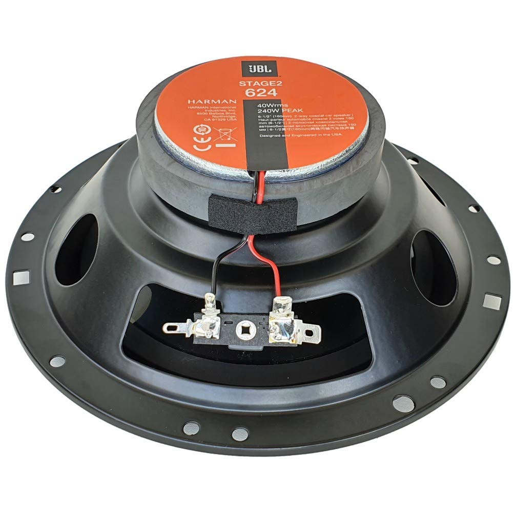 2 Altavoces coaxiales de 2 vías JBL STAGE2 624 6.5" 16.50 cm 165 mm 40 vatios rms 240 vatios impedancia MAX 4 ohmios 91 db para Coche Negro, el par