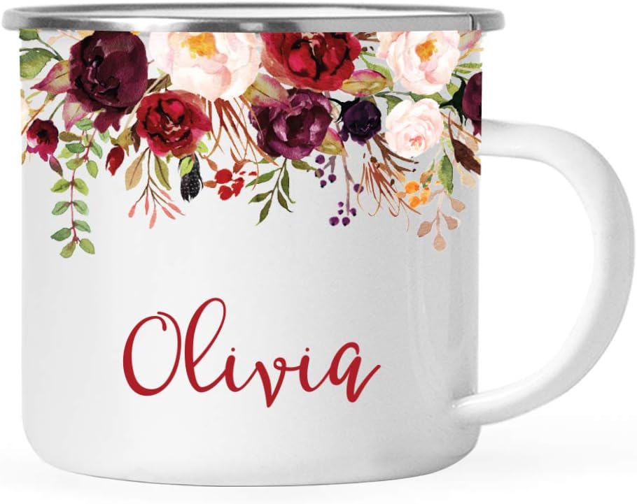 Andaz Press Personalized 11oz. Wedding Stainless Steel Campfire Coffee Tea Mug Bridesmaid Gift, Fall Autumn Marsala Burgundy Flowers Roses Florals, Olivia, 1-Pack, Includes Gift Box, Custom Name