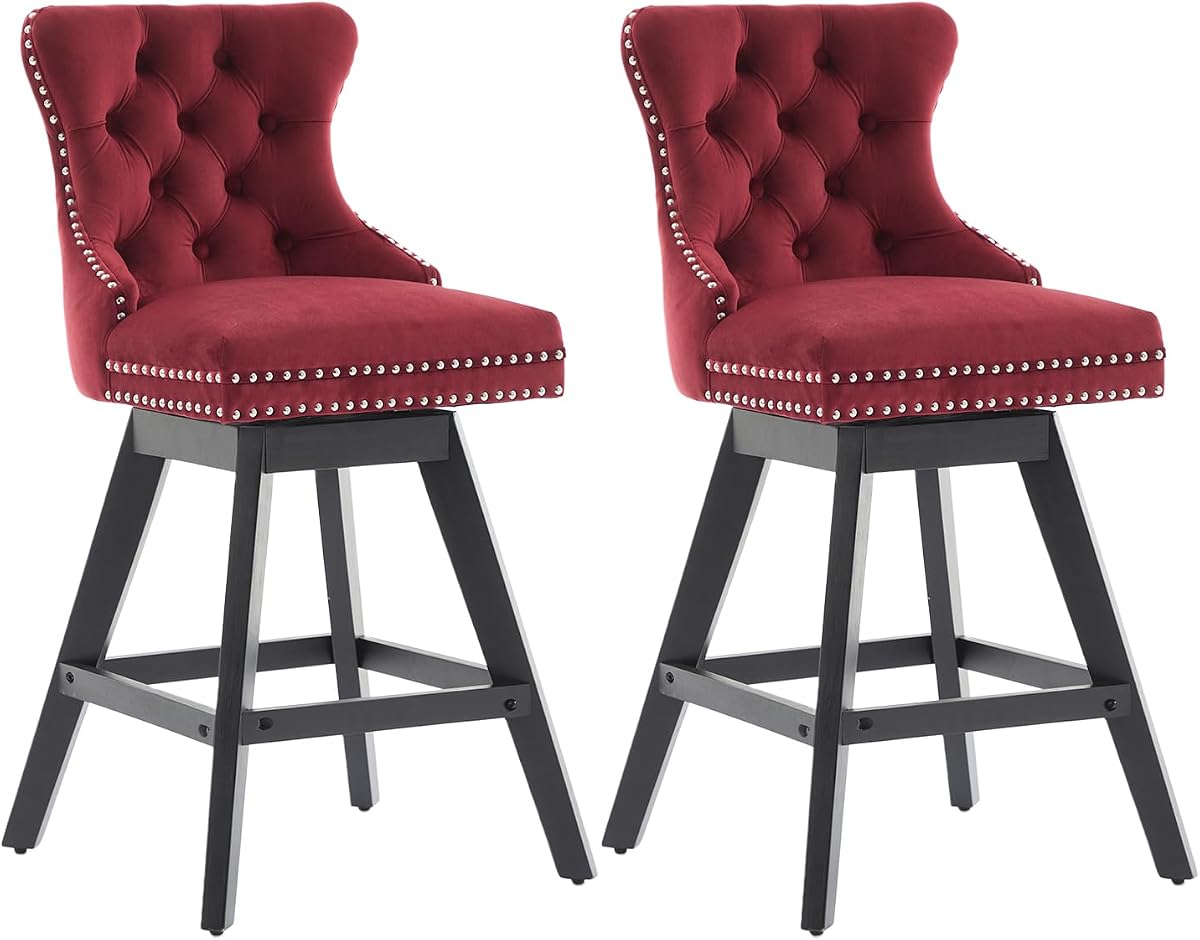 Burgundy Velvet Bar Stools Set of 2, Swivel Counter Chairs, Kitchen Island