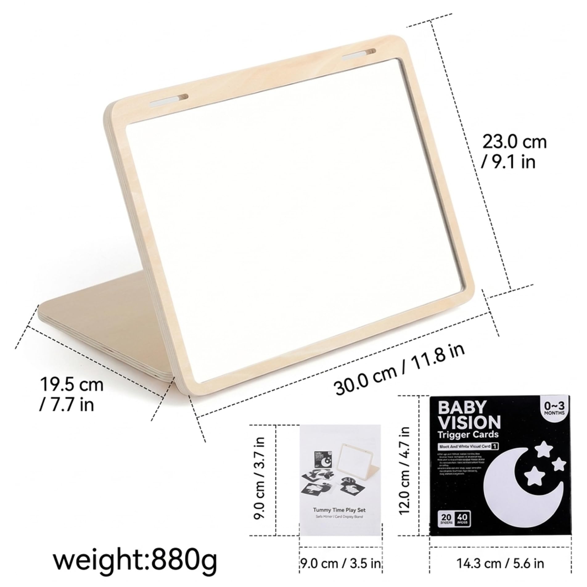 Espejo para bebé, juguete para el tiempo boca abajo, espejo para bebé, juguete para el tiempo boca abajo, sensorial Montessori con soporte ajustable y tarjetas visuales para recién nacidos de 0 .