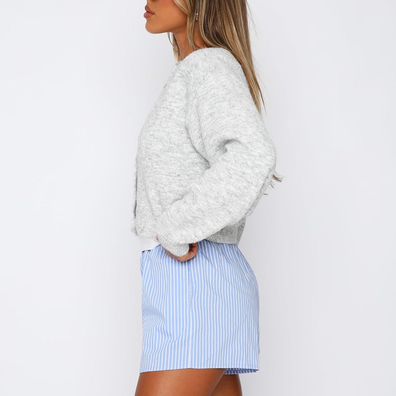 RUEWEY Women Y2k Crew Neck Button Down Long Sleeve Cropped Cardigan Knitted Sweater Light Jacket - Image 2